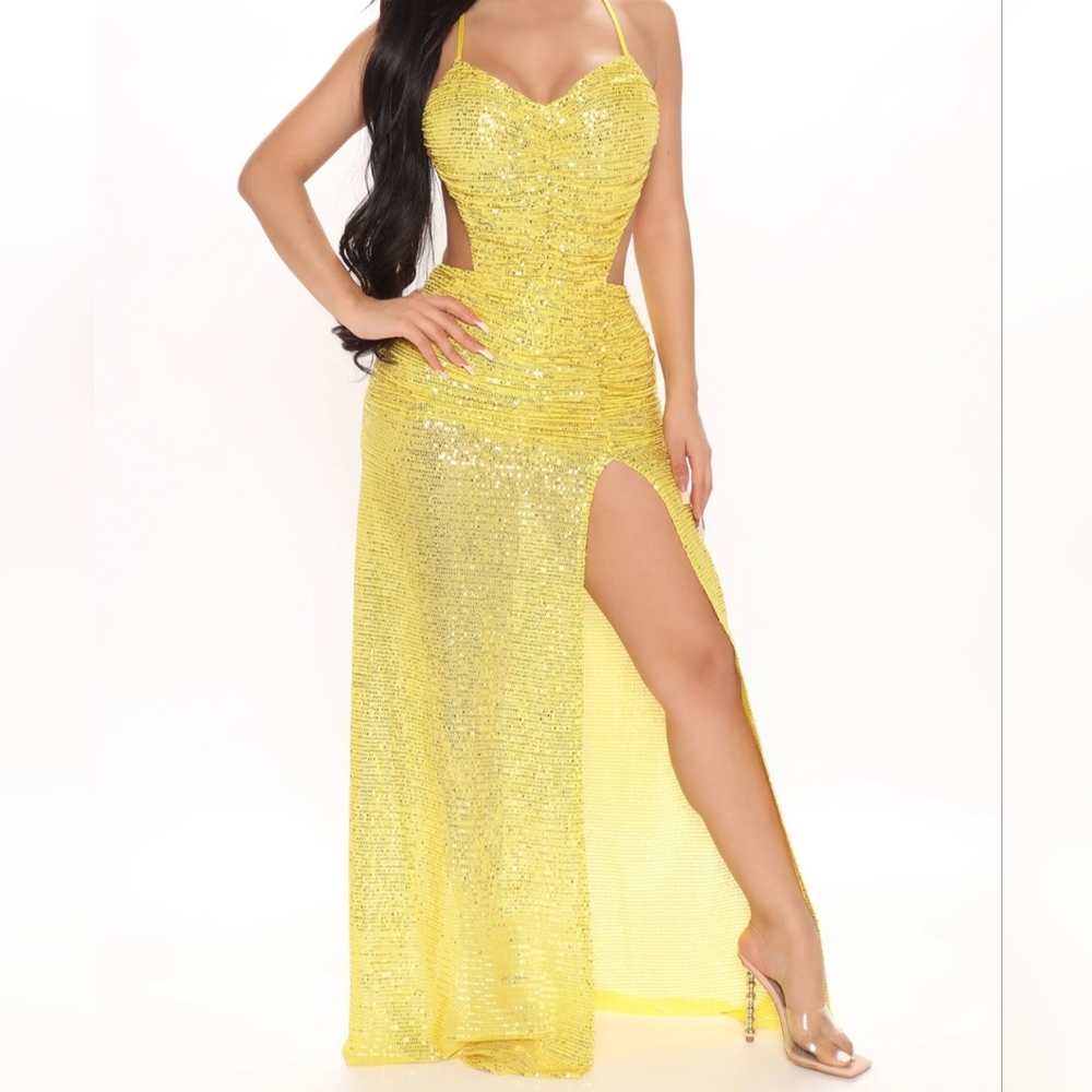 Yellow embelished slit backless dress